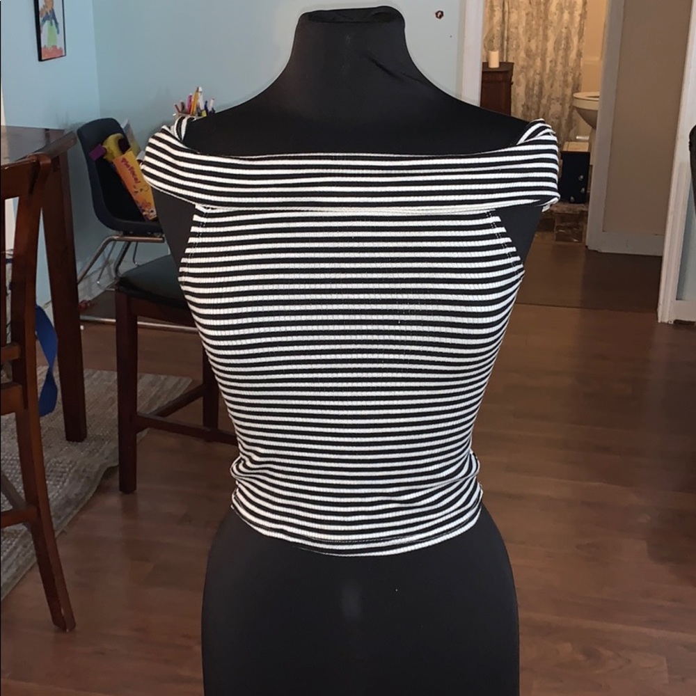 Black and white striped over the shoulder crop top
